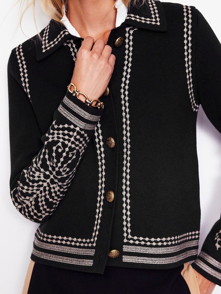 Boden Black 100% Cotton Collared Knitted Jacket - Image 2 of 6