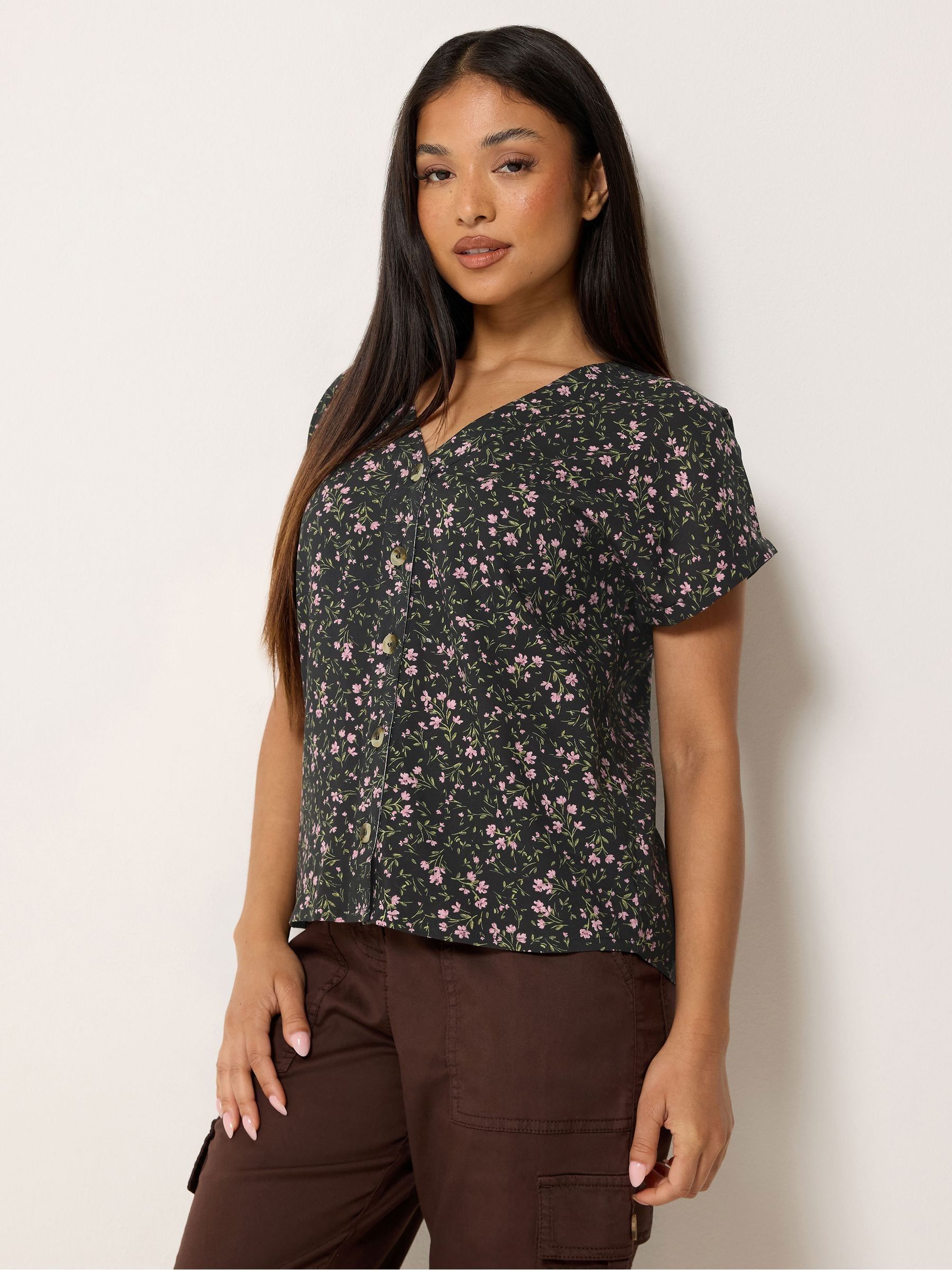 M & Co Women's Black Petite Ditsy Button Through Blouse