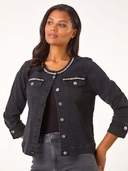 Roman Black Collarless Tape Stretch Denim Jacket - Image 1 of 5