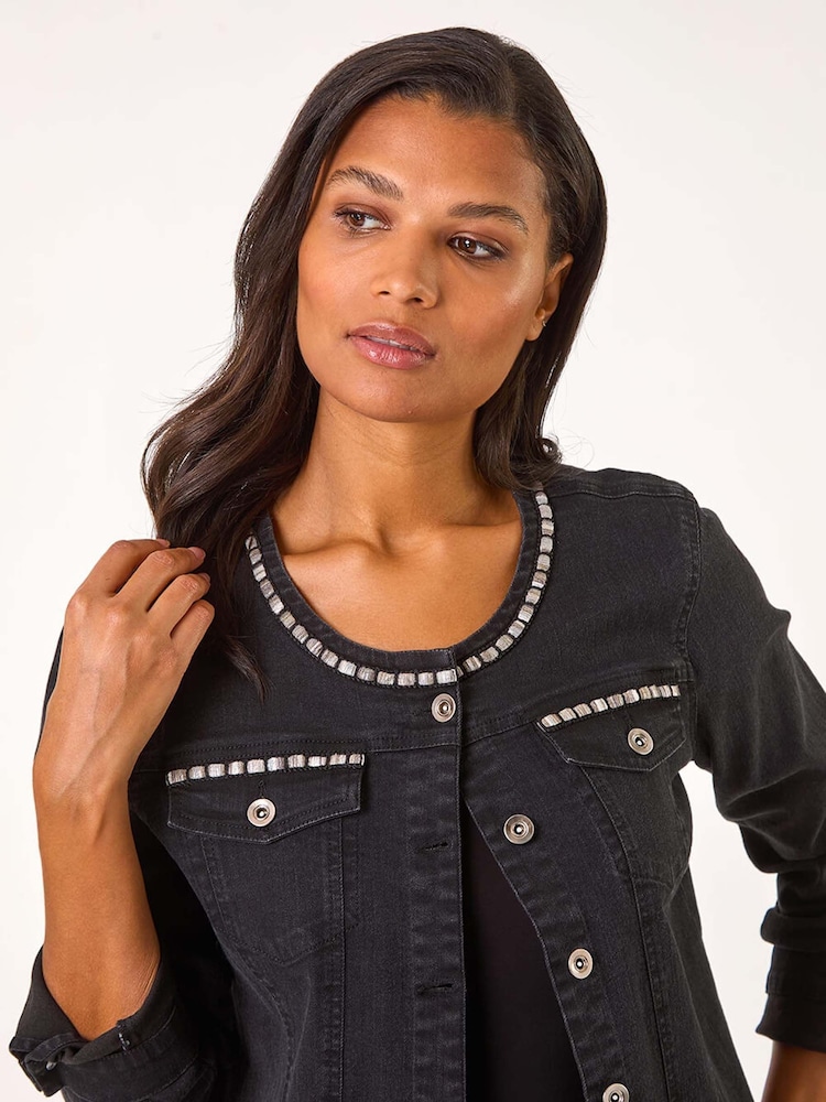 Roman Black Collarless Tape Stretch Denim Jacket - Image 2 of 5 Roman Black Collarless Tape Stretch Denim Jacket - Image 2 of 5