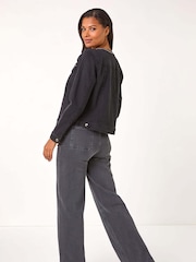Roman Black Collarless Tape Stretch Denim Jacket - Image 4 of 5