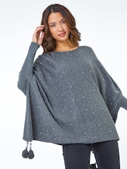 Roman Grey Sparkle Embellished Tassel Poncho - Image 1 of 6