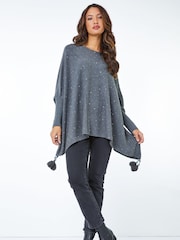 Roman Grey Sparkle Embellished Tassel Poncho - Image 6 of 6