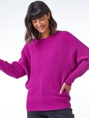 Roman Pink Ribbed Chevron Print Batwing Jumper - Image 1 of 5