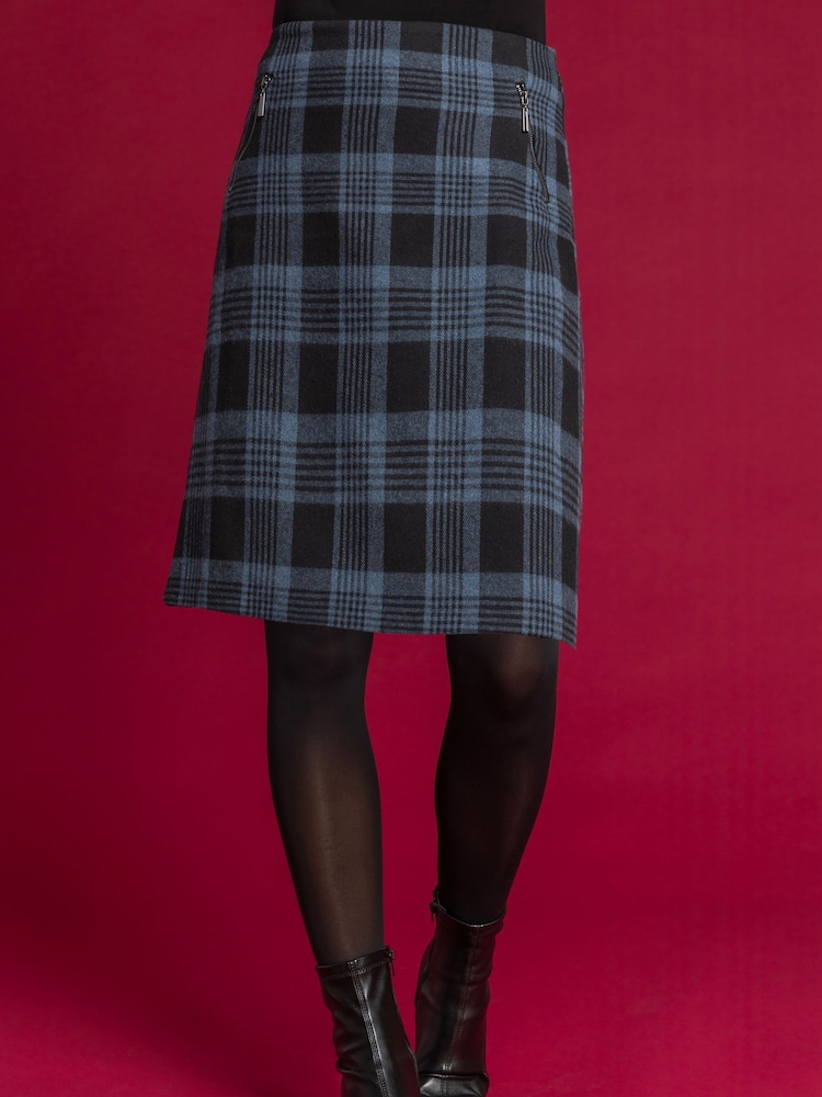 Roman Blue Check Print Zip Pocket A-Line Skirt - Image 1 of 7