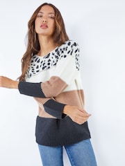 Roman Brown Animal Print Colourblock Jumper - Image 1 of 6