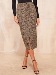Friends Like These Animal Print Petite Split Front Denim Midi Skirt - Image 1 of 4