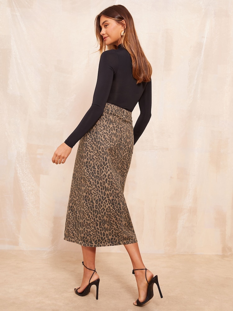 Friends Like These Animal Print Petite Split Front Denim Midi Skirt - Image 4 of 4