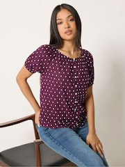 M&Co Purple Petite Short Sleeve Dobby Button Through Blouse - Image 1 of 6
