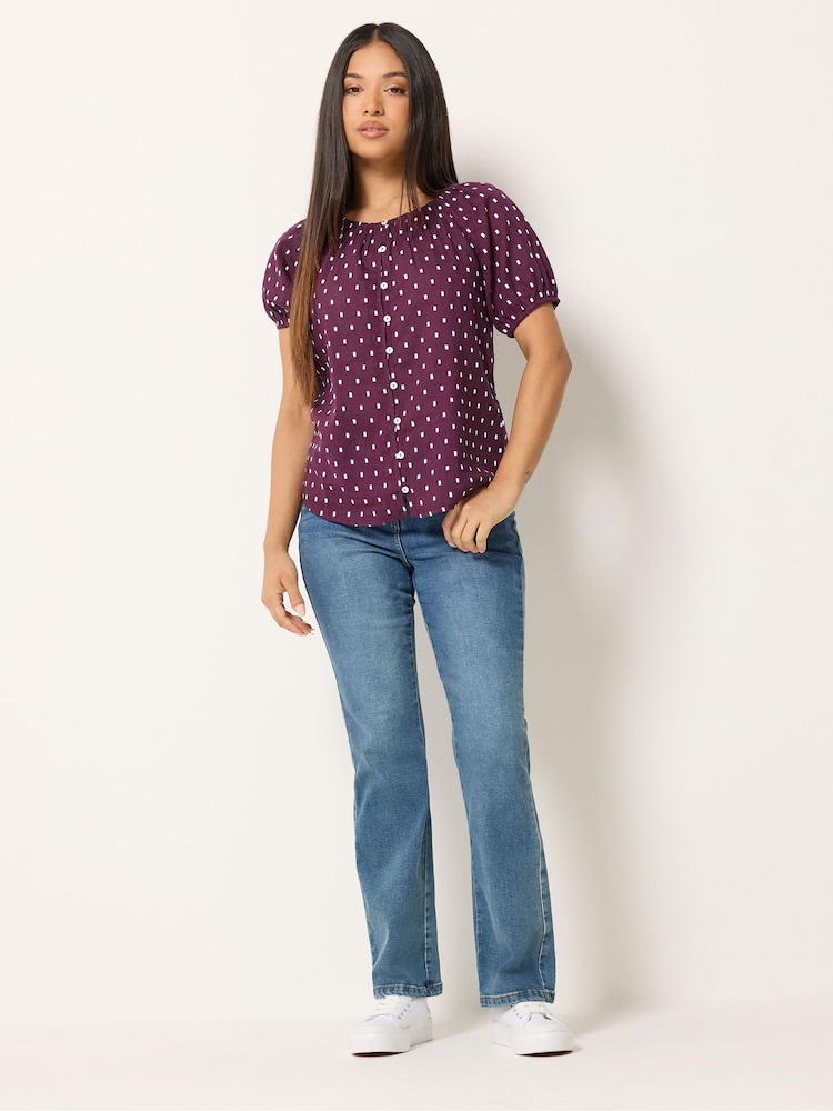 M&Co Purple Petite Short Sleeve Dobby Button Through Blouse - Image 2 of 6
