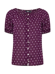 M&Co Purple Petite Short Sleeve Dobby Button Through Blouse - Image 5 of 6
