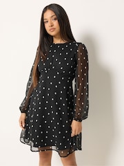 M&Co Black Spot Print Petite Long Sleeve Chiffon Dress - Image 1 of 6