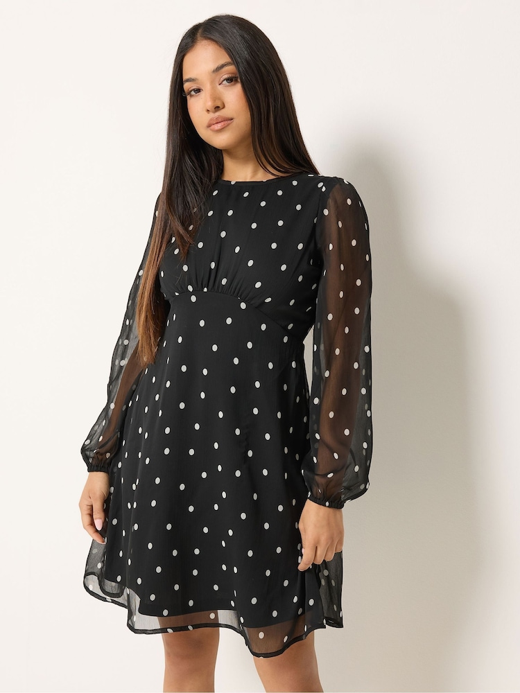 M&Co Black Spot Print Petite Long Sleeve Chiffon Dress - Image 1 of 6 M&Co Black Spot Print Petite Long Sleeve Chiffon Dress - Image 1 of 6
