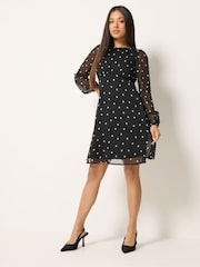 M&Co Black Spot Print Petite Long Sleeve Chiffon Dress - Image 2 of 6