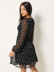 M&Co Black Spot Print Petite Long Sleeve Chiffon Dress - Image 3 of 6