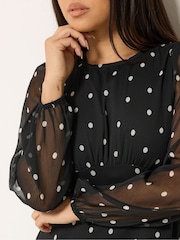 M&Co Black Spot Print Petite Long Sleeve Chiffon Dress - Image 4 of 6