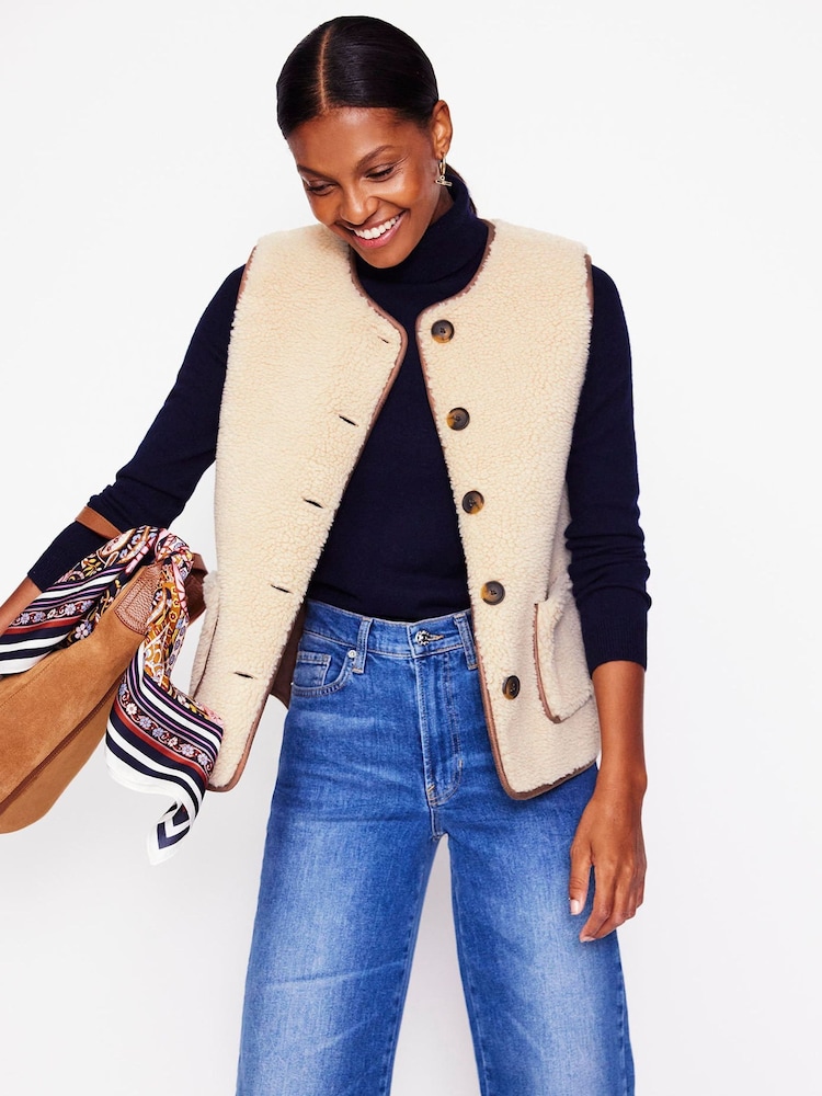 Boden Cream Borg Button Gilet - Image 2 of 6