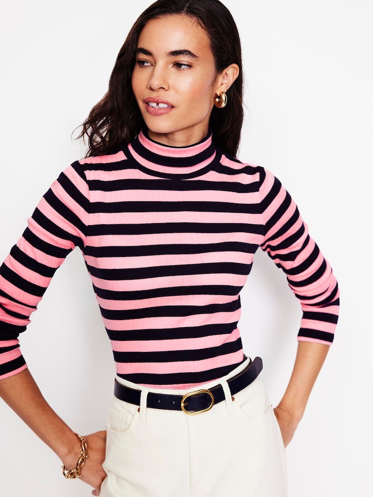 Boden Pink 100% Cotton Anna Rib Roll Neck Top - Image 1 of 5