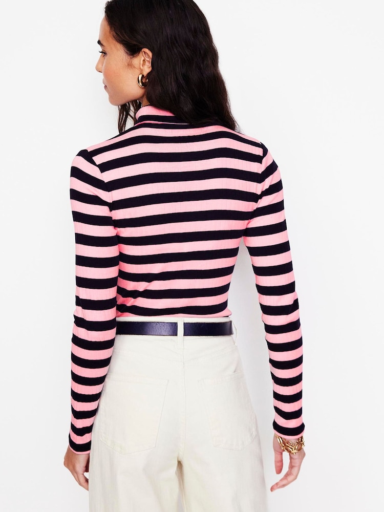 Boden Pink 100% Cotton Anna Rib Roll Neck Top - Image 2 of 5