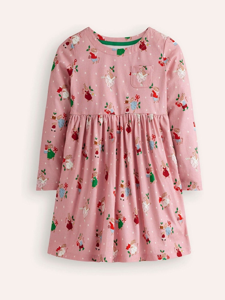 Boden Pink 100% Cotton Festive Long Sleeved Fun Jersey Dress - Image 1 of 3