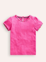 Boden Pink Ali Puff Sleeve Pom 100% Cotton T-Shirt - Image 1 of 3