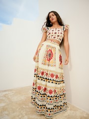 Cream Embroidered Elasticated Waist 100% Cotton Maxi Skirt - Image 1 of 1