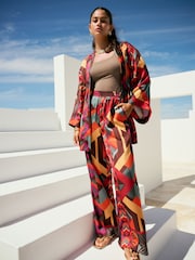Red Geometric Print Satin Textured Elasticated Waist Trousers - Image 2 of 8
