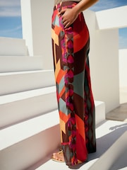Red Geometric Print Satin Textured Elasticated Waist Trousers - Image 3 of 8