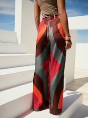 Red Geometric Print Satin Textured Elasticated Waist Trousers - Image 4 of 8