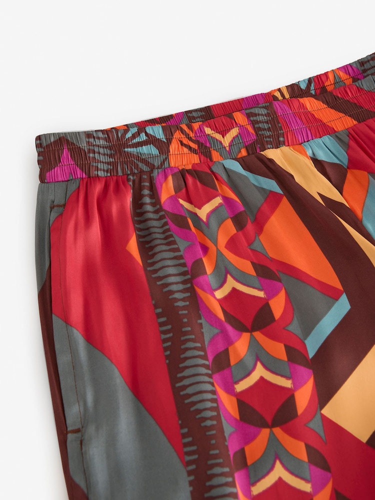 Red Geometric Print Satin Textured Elasticated Waist Trousers - Image 8 of 8