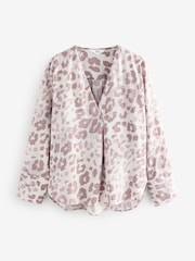 لون محايد طباعة شكل حيواني - Relaxed Fit Long Sleeve Overhead V-Neck Blouse - صورة 3 من 5