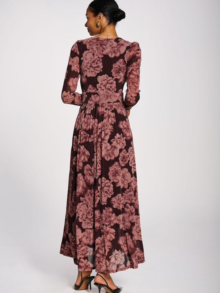 Jolie Moi Purple Long Sleeve V-Neck Sheen Mesh Maxi Dress - Image 2 of 6 Jolie Moi Purple Long Sleeve V-Neck Sheen Mesh Maxi Dress - Image 2 of 6