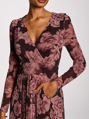 Jolie Moi Purple Long Sleeve V-Neck Sheen Mesh Maxi Dress - Image 3 of 6