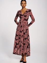 Jolie Moi Purple Long Sleeve V-Neck Sheen Mesh Maxi Dress - Image 4 of 6