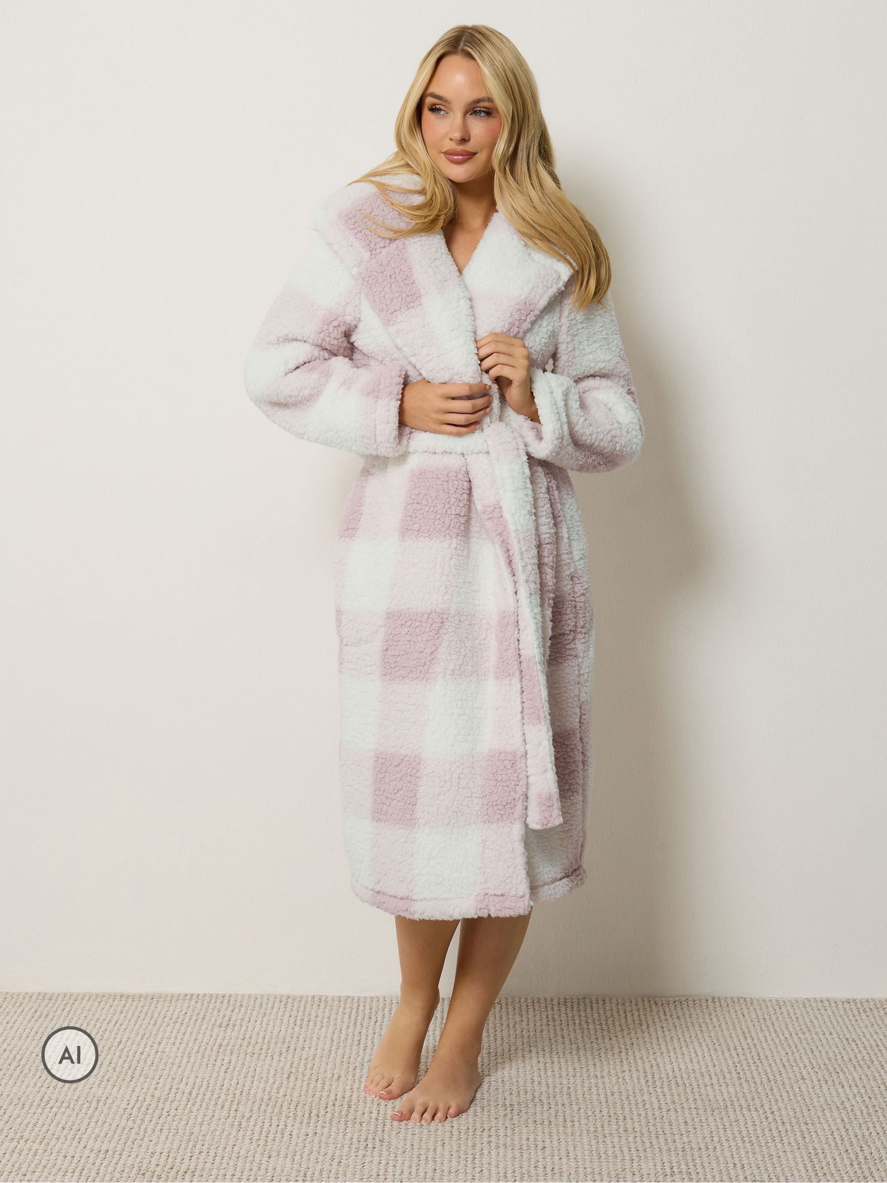 M & Co Women's Pink Check Print Dressing Gown