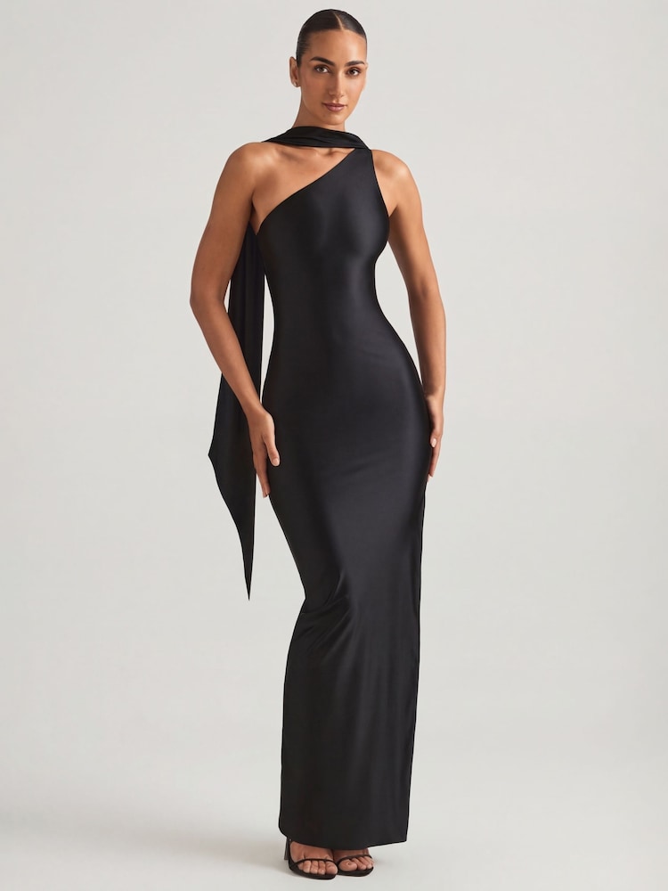 Oh Polly Black Sheril Asymmetric Scarf Detail Maxi Dress - Image 1 of 5 Oh Polly Black Sheril Asymmetric Scarf Detail Maxi Dress - Image 1 of 5