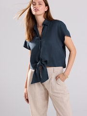 Slate Grey 100% Linen Tie Front Short Sleeve Shirt - Image 1 of 7