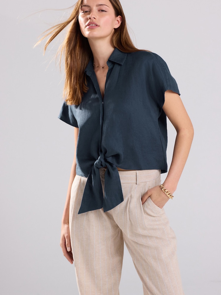 Slate Grey 100% Linen Tie Front Short Sleeve Shirt - Image 1 of 7