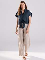 Slate Grey 100% Linen Tie Front Short Sleeve Shirt - Image 2 of 7