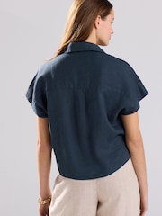 Slate Grey 100% Linen Tie Front Short Sleeve Shirt - Image 3 of 7