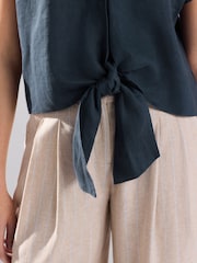 Slate Grey 100% Linen Tie Front Short Sleeve Shirt - Image 4 of 7