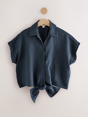 Slate Grey 100% Linen Tie Front Short Sleeve Shirt - Image 5 of 7