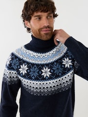 Threadbare Blue Fairisle Roll Neck Christmas Jumper - Image 1 of 4