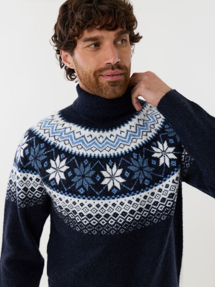 Threadbare Blue Fairisle Roll Neck Christmas Jumper - Image 1 of 4