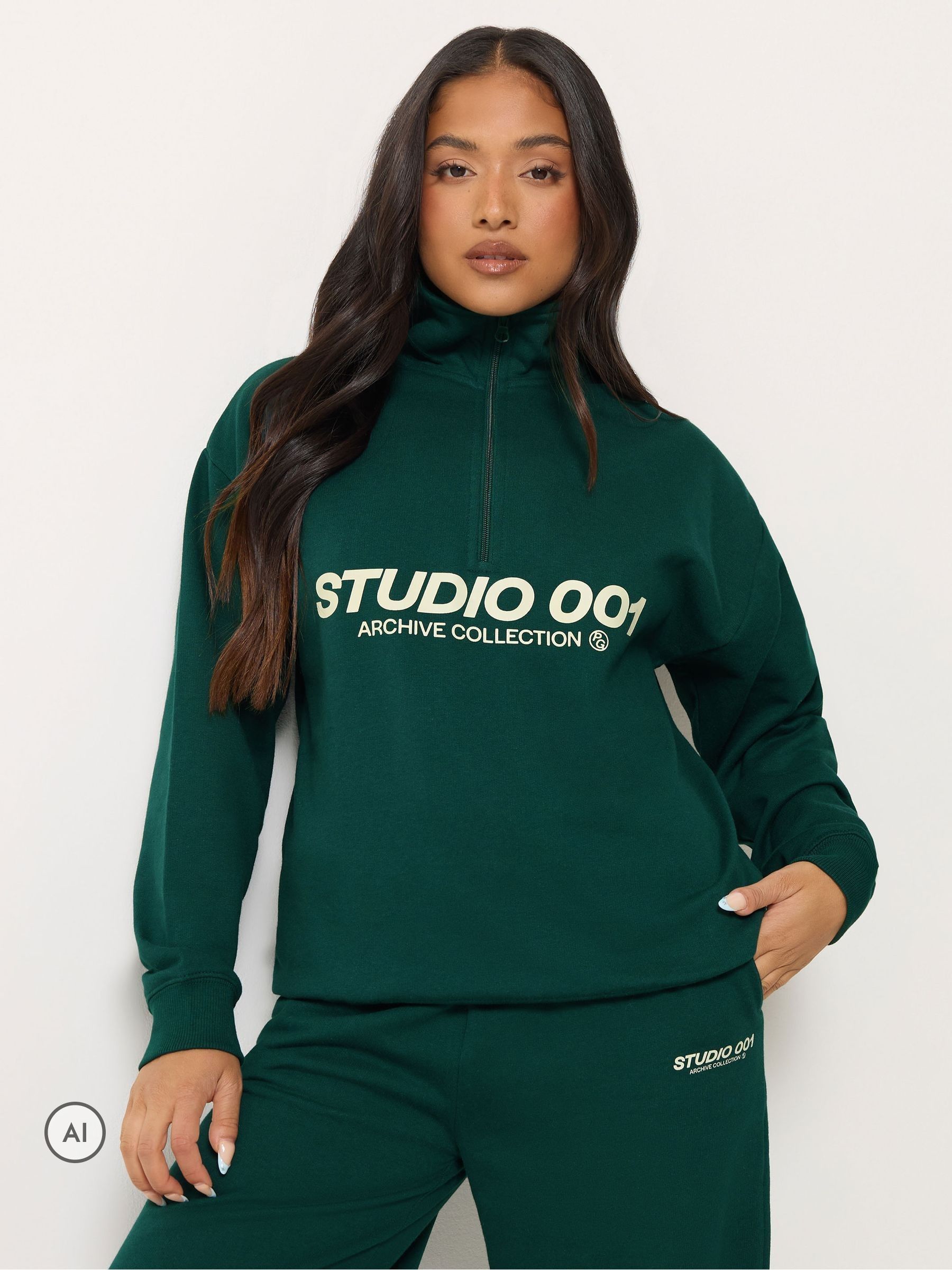 Pixiegirl Women's Green Petite 'Studio 001' Funnel Neck Zip Sweatshirt In | Size: 18 - Image 2