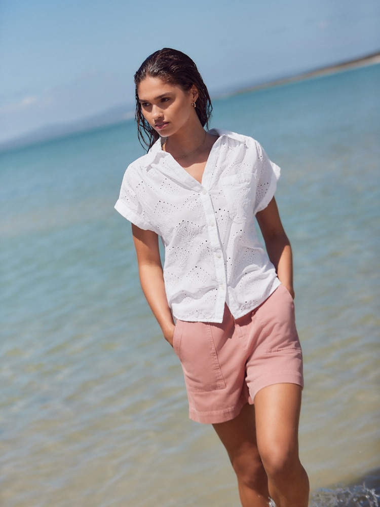 White Short Sleeve Broderie Shell Shirt - Image 1 of 5