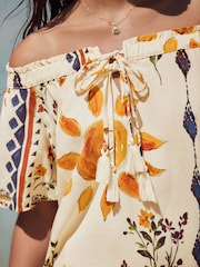 Cream Abstract Sunshine Short Sleeve Tie Neck Bardot Top With Linen - Image 4 of 8