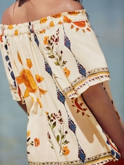 Cream Abstract Sunshine Short Sleeve Tie Neck Bardot Top With Linen - Image 5 of 8