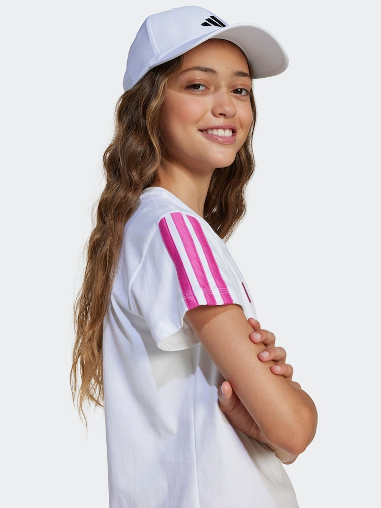 adidas White 3 Stripe Essentials 100% Cotton T-Shirt - Image 4 of 6