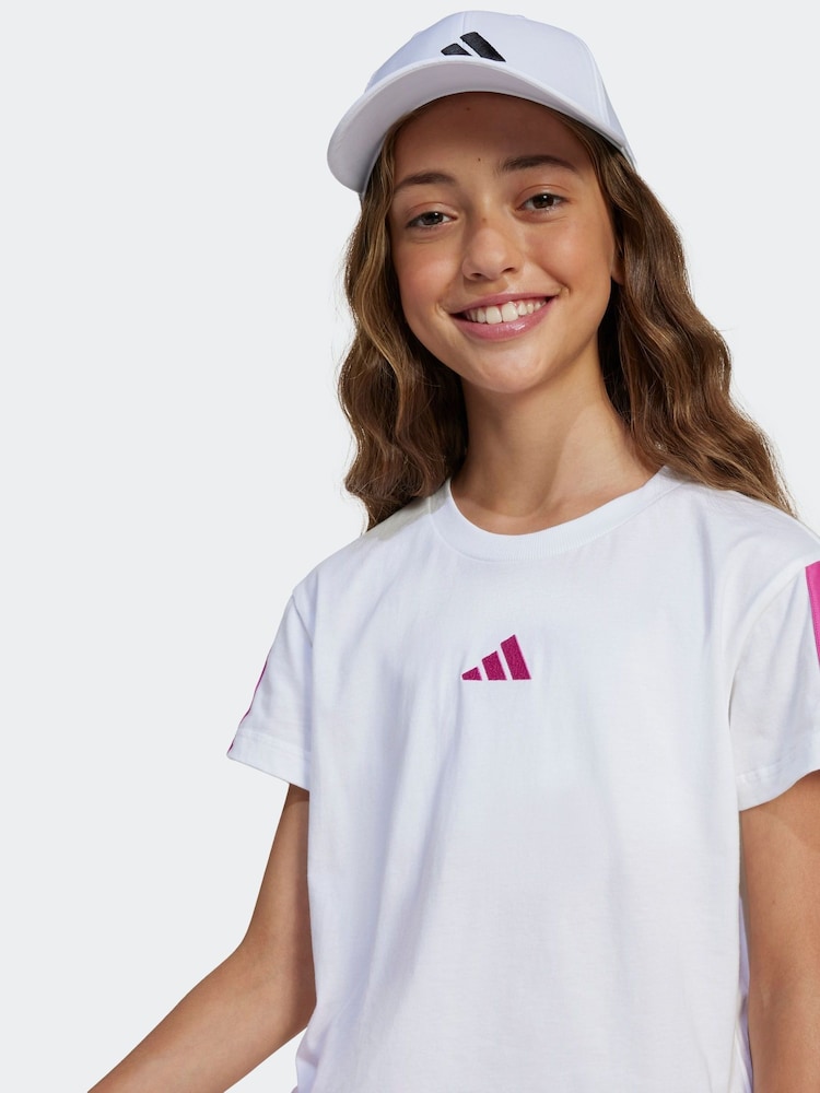 adidas White 3 Stripe Essentials 100% Cotton T-Shirt - Image 5 of 6